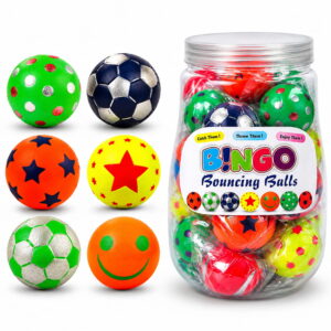 Enjoy fun and active play with Hello Friends Bingo Balls. This pack includes 12 premium designer rubber balls in a convenient pet jar, perfect for bouncing games and indoor or outdoor play.