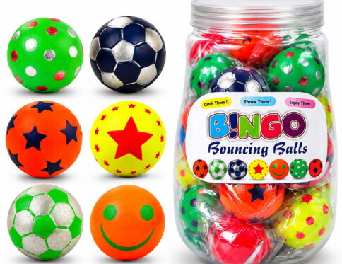 Enjoy fun and active play with Hello Friends Bingo Balls. This pack includes 12 premium designer rubber balls in a convenient pet jar, perfect for bouncing games and indoor or outdoor play.