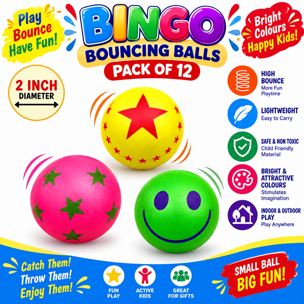 Enjoy fun and active play with Hello Friends Bingo Balls. This pack includes 12 premium designer rubber balls in a convenient pet jar, perfect for bouncing games and indoor or outdoor play. Enjoy fun and active play with Hello Friends Bingo Balls. This pack includes 12 premium designer rubber balls in a convenient pet jar, perfect for bouncing games and indoor or outdoor play.