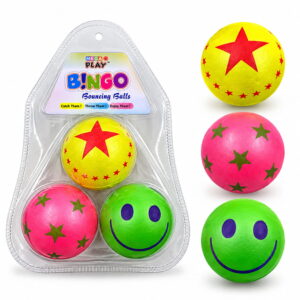 Enjoy active play with Hello Friends Bingo Balls, featuring premium designer rubber balls in a convenient 3-piece blister pack. Each ball is 2 inches in size and offers a fun bouncing experience for kids.