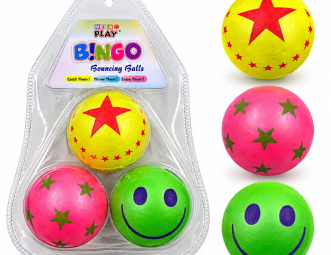 Enjoy active play with Hello Friends Bingo Balls, featuring premium designer rubber balls in a convenient 3-piece blister pack. Each ball is 2 inches in size and offers a fun bouncing experience for kids.
