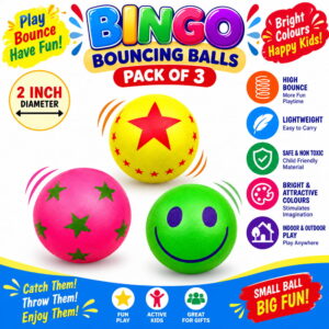Enjoy active play with Hello Friends Bingo Balls, featuring premium designer rubber balls in a convenient 3-piece blister pack. Each ball is 2 inches in size and offers a fun bouncing experience for kids.