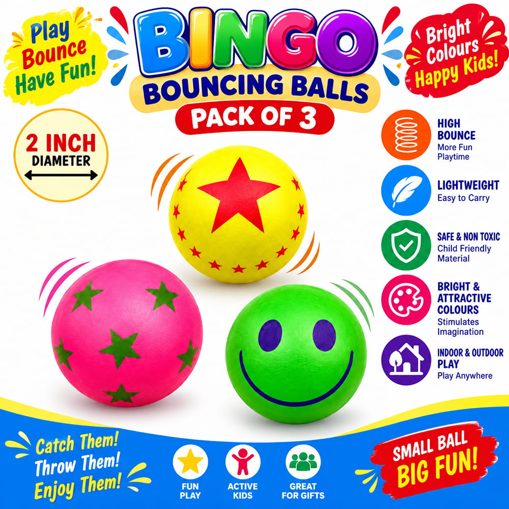 Enjoy active play with Hello Friends Bingo Balls, featuring premium designer rubber balls in a convenient 3-piece blister pack. Each ball is 2 inches in size and offers a fun bouncing experience for kids.
