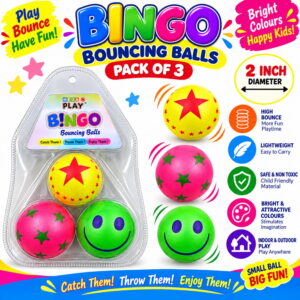 Enjoy active play with Hello Friends Bingo Balls, featuring premium designer rubber balls in a convenient 3-piece blister pack. Each ball is 2 inches in size and offers a fun bouncing experience for kids.