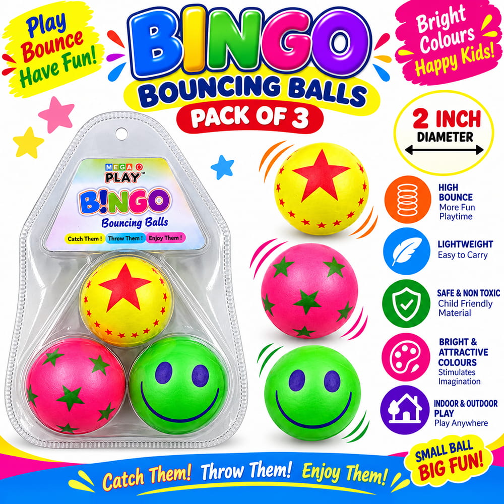 Enjoy active play with Hello Friends Bingo Balls, featuring premium designer rubber balls in a convenient 3-piece blister pack. Each ball is 2 inches in size and offers a fun bouncing experience for kids.