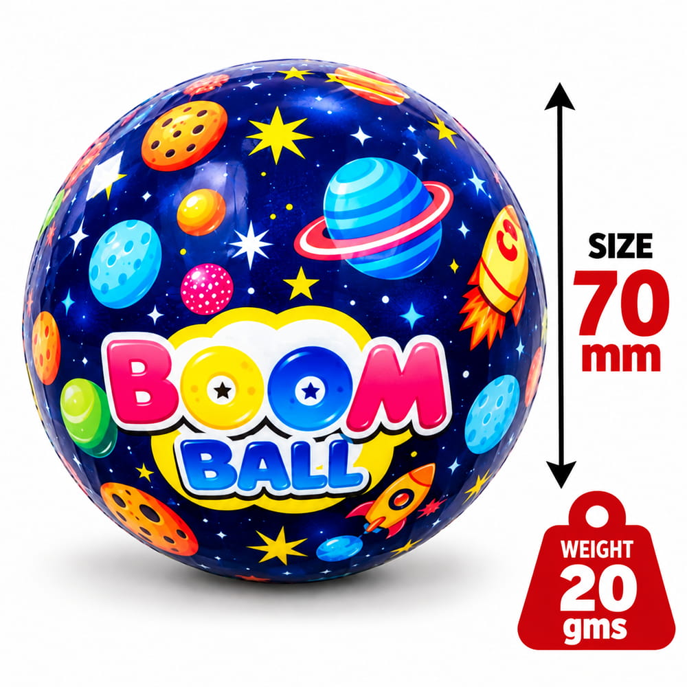 Hello Friends Boom Ball Lite features soft sponge balls designed for safe and fun play. Each ball weighs 20 g and measures 70 mm, with assorted designs in a pack of 12. Suitable for active indoor and outdoor play.