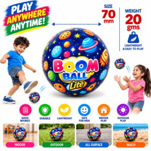 Hello Friends Boom Ball Lite features soft sponge balls designed for safe and fun play. Each ball weighs 20 g and measures 70 mm, with assorted designs in a pack of 12. Suitable for active indoor and outdoor play.