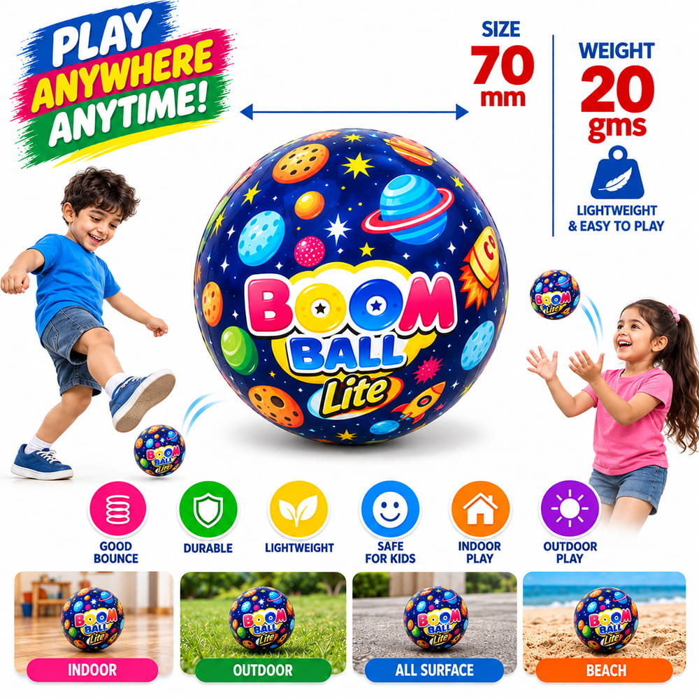 Hello Friends Boom Ball Lite features soft sponge balls designed for safe and fun play. Each ball weighs 20 g and measures 70 mm, with assorted designs in a pack of 12. Suitable for active indoor and outdoor play.
