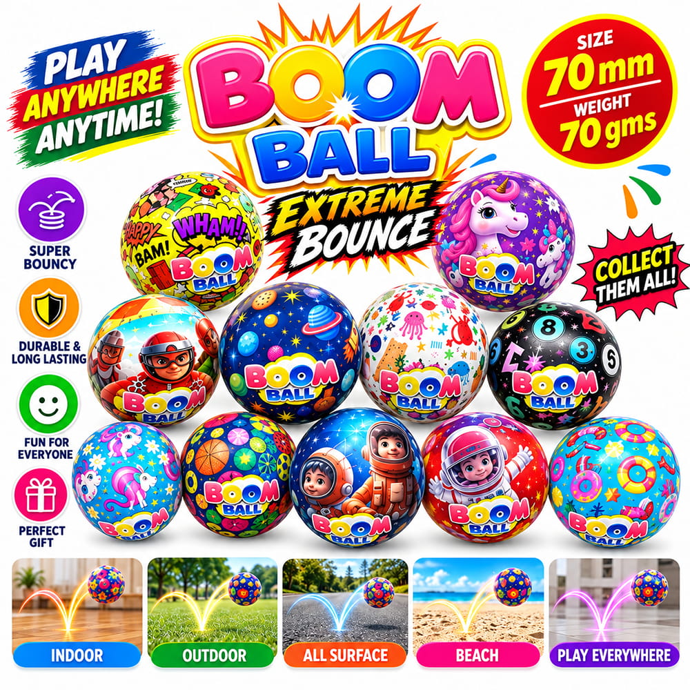 Hello Friends Boom Ball is a soft sponge ball designed for safe and fun play. It weighs 70 g and measures 70 mm, making it easy to handle for throwing, catching, bouncing, and active play.