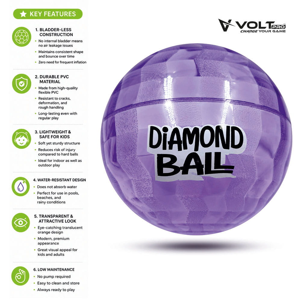 Hello Friends Diamond Ball 6 Inch is a soft and durable PVC playground ball featuring an attractive 3D diamond pattern. Its lightweight design and good bounce make it suitable for kids' indoor and outdoor games.