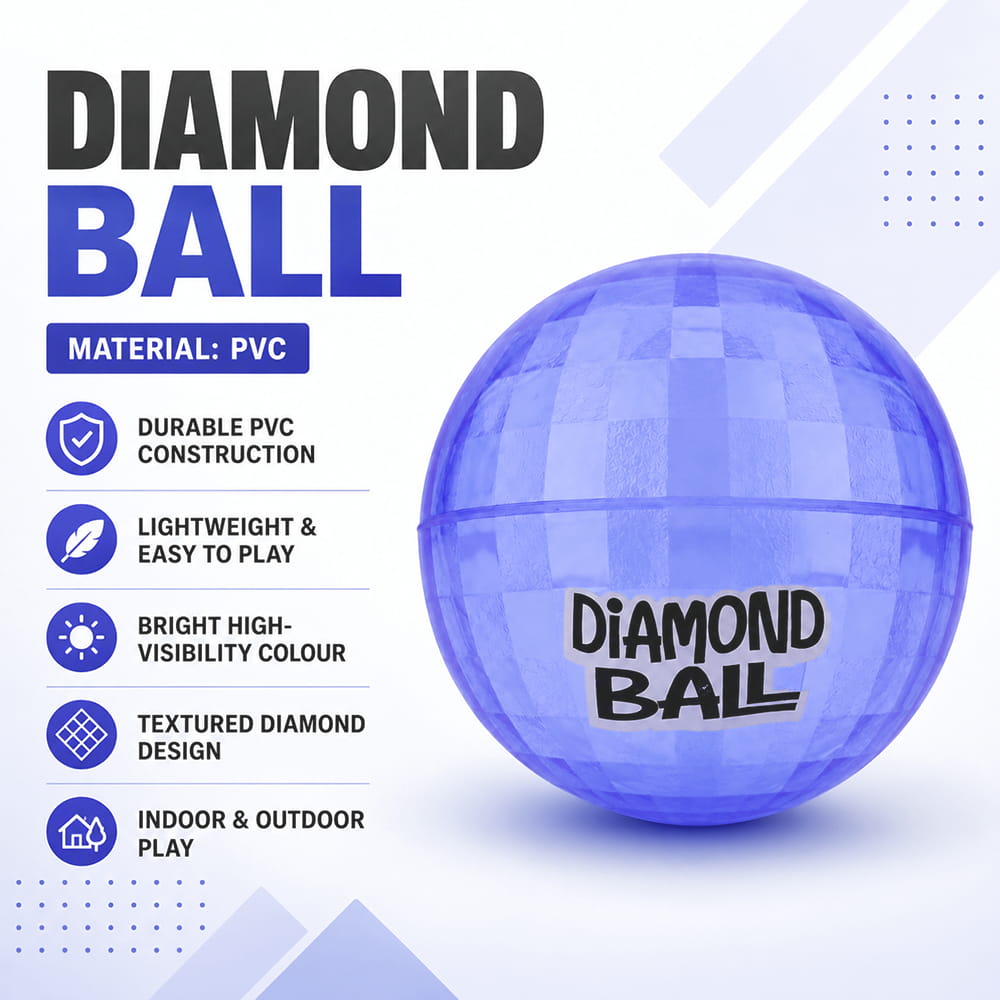 Hello Friends Diamond Ball 6 Inch is a soft and durable PVC playground ball featuring an attractive 3D diamond pattern. Its lightweight design and good bounce make it suitable for kids' indoor and outdoor games.