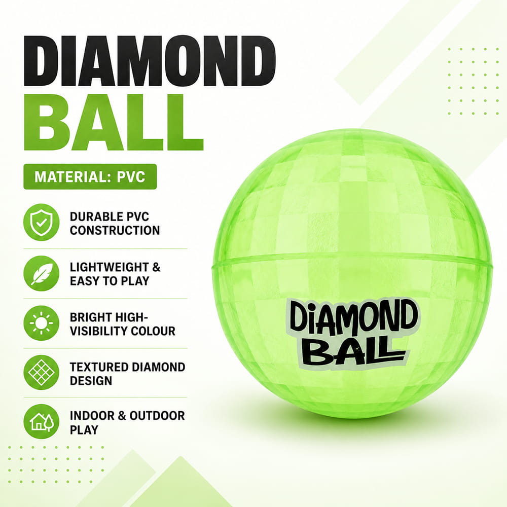 Hello Friends Diamond Ball 6 Inch is a soft and durable PVC playground ball featuring an attractive 3D diamond pattern. Its lightweight design and good bounce make it suitable for kids' indoor and outdoor games. Hello Friends Diamond Ball 6 Inch is a soft and durable PVC playground ball featuring an attractive 3D diamond pattern. Its lightweight design and good bounce make it suitable for kids' indoor and outdoor games.