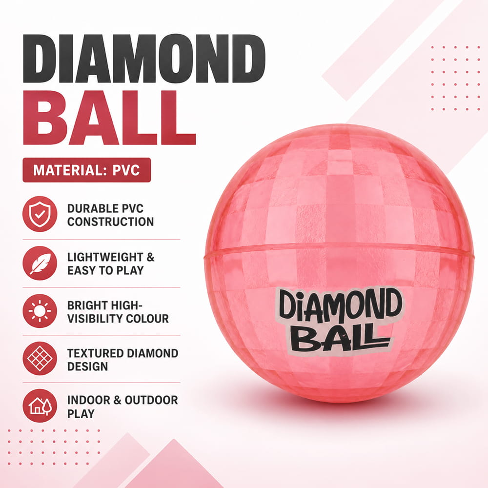 Hello Friends Diamond Ball 6 Inch is a soft and durable PVC playground ball featuring an attractive 3D diamond pattern. Its lightweight design and good bounce make it suitable for kids' indoor and outdoor games.