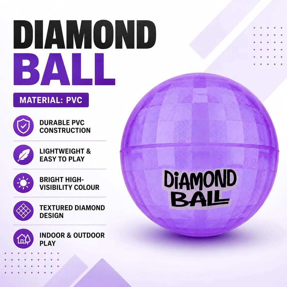 Hello Friends Diamond Ball 6 Inch is a soft and durable PVC playground ball featuring an attractive 3D diamond pattern. Its lightweight design and good bounce make it suitable for kids' indoor and outdoor games.