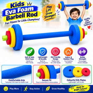 Hello Friends EVA Foam Barbell is designed for fun kids fitness and active play. Made with premium EVA foam and an easy-grip design, it is suitable for simple arm-strengthening exercises, movement activities, and active play.