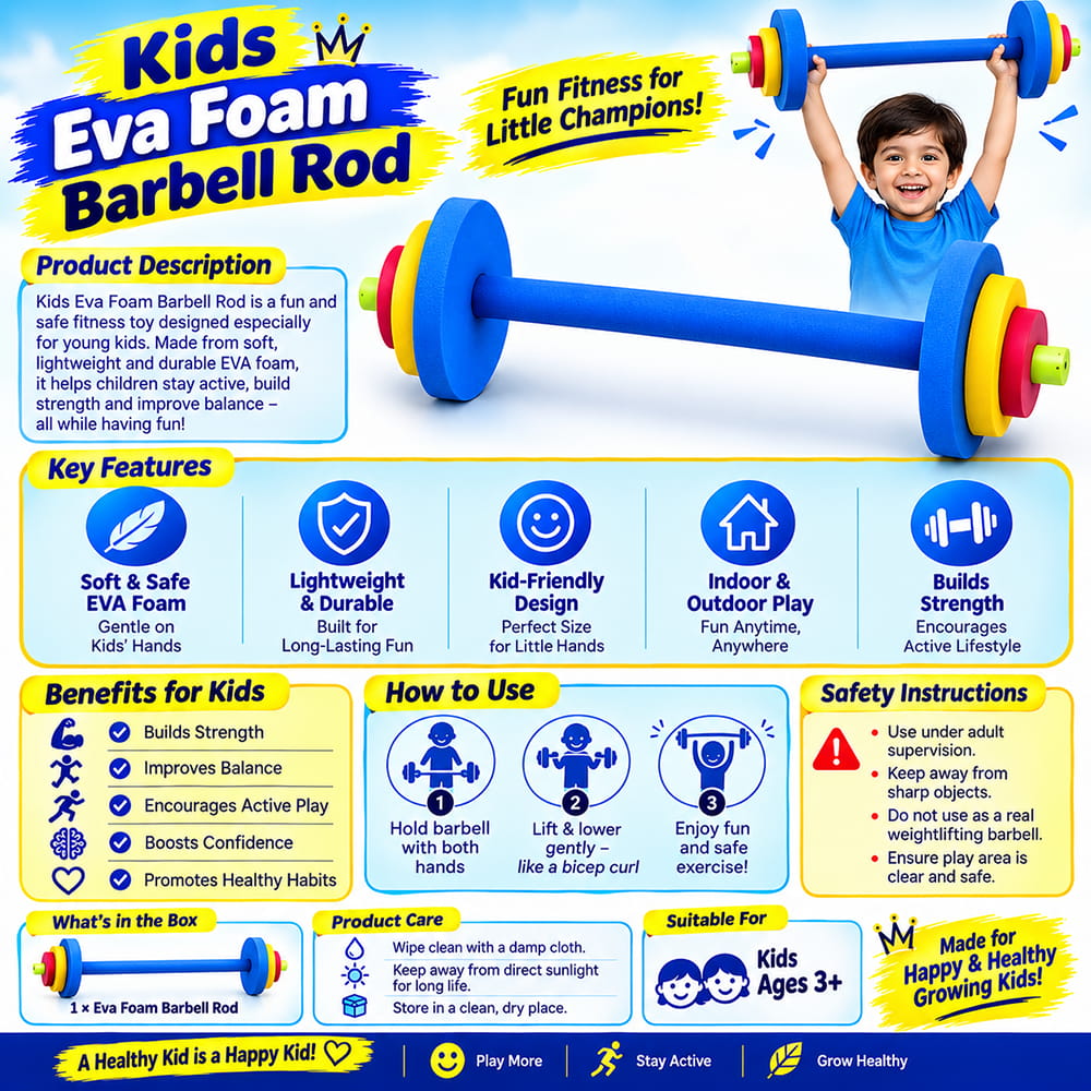 Hello Friends EVA Foam Barbell is designed for fun kids fitness and active play. Made with premium EVA foam and an easy-grip design, it is suitable for simple arm-strengthening exercises, movement activities, and active play.