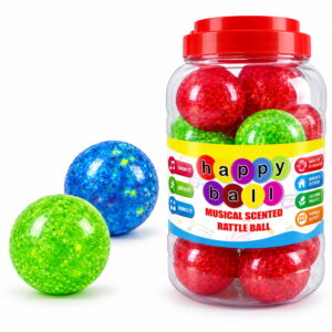 "Make playtime more engaging with the Hello Friends Happy Rattle Ball. These 2.5-inch balls feature a musical rattle design that produces sound when shaken or moved. The crystal-style design gives each ball an attractive and playful appearance. The 2.5-inch size makes the balls convenient to hold, shake and use during play. Made with non-toxic material, the balls are designed for comfortable everyday play. The pack includes 20 Happy Rattle Balls stored in a convenient Pet Jar for easy storage and display. Product Highlights: MUSICAL RATTLE: Fun sound during play CRYSTAL DESIGN: Attractive appearance 2.5-INCH SIZE: Easy to hold NON-TOXIC MATERIAL: Suitable for regular play 20-PIECE PACK: 20 balls included PET JAR: Easy storage and display"