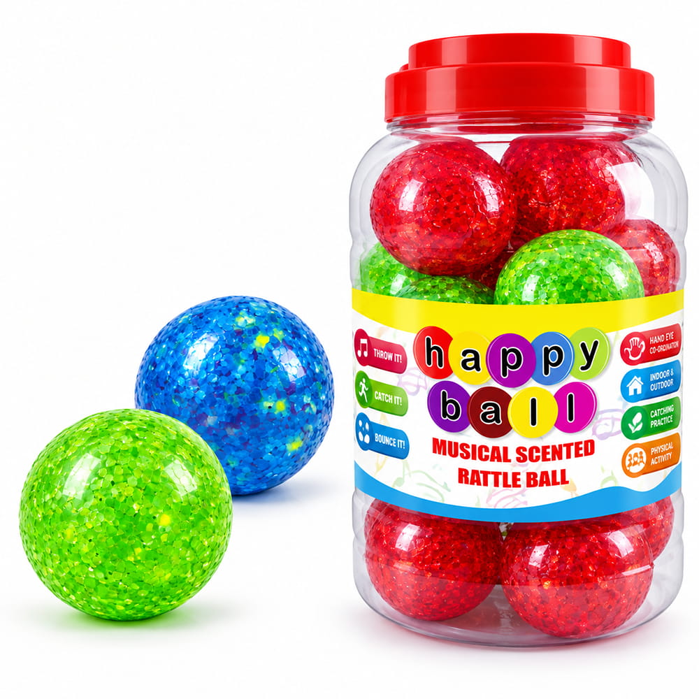 "Make playtime more engaging with the Hello Friends Happy Rattle Ball. These 2.5-inch balls feature a musical rattle design that produces sound when shaken or moved. The crystal-style design gives each ball an attractive and playful appearance. The 2.5-inch size makes the balls convenient to hold, shake and use during play. Made with non-toxic material, the balls are designed for comfortable everyday play. The pack includes 20 Happy Rattle Balls stored in a convenient Pet Jar for easy storage and display. Product Highlights: MUSICAL RATTLE: Fun sound during play CRYSTAL DESIGN: Attractive appearance 2.5-INCH SIZE: Easy to hold NON-TOXIC MATERIAL: Suitable for regular play 20-PIECE PACK: 20 balls included PET JAR: Easy storage and display"