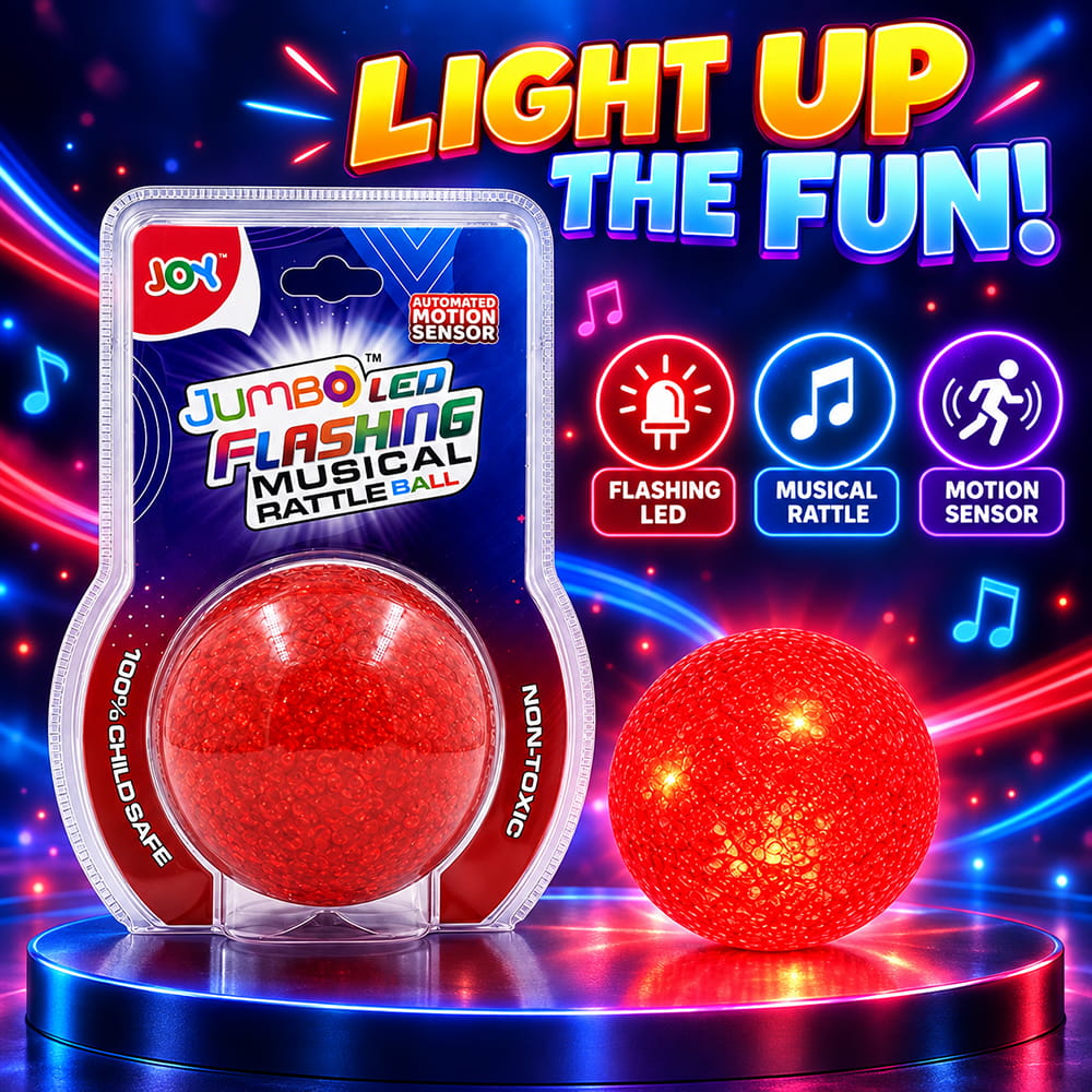 Hello Friends Jumbo LED Flashing Musical Rattle Ball is a 4-inch interactive play ball with motion sensor lights and sound. Its colourful flashing effect and musical feature make playtime more engaging. Comes in a convenient 1-piece blister pack. Hello Friends Jumbo LED Flashing Musical Rattle Ball is a 4-inch interactive play ball with motion sensor lights and sound. Its colourful flashing effect and musical feature make playtime more engaging. Comes in a convenient 1-piece blister pack.