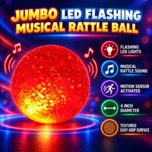 Hello Friends Jumbo LED Flashing Musical Rattle Ball is a 4-inch interactive play ball with motion sensor lights and sound. Its colourful flashing effect and musical feature make playtime more engaging. Comes in a convenient 1-piece blister pack. Hello Friends Jumbo LED Flashing Musical Rattle Ball is a 4-inch interactive play ball with motion sensor lights and sound. Its colourful flashing effect and musical feature make playtime more engaging. Comes in a convenient 1-piece blister pack.