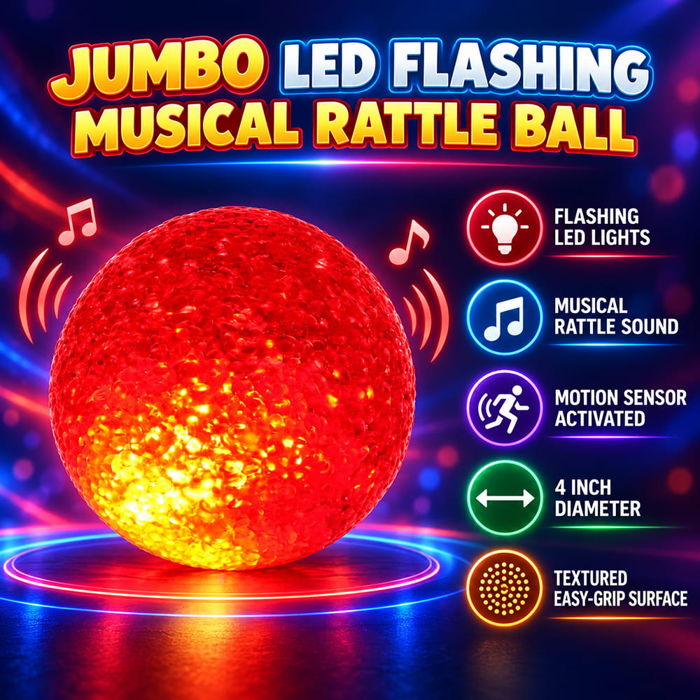 Hello Friends Jumbo LED Flashing Musical Rattle Ball is a 4-inch interactive play ball with motion sensor lights and sound. Its colourful flashing effect and musical feature make playtime more engaging. Comes in a convenient 1-piece blister pack. Hello Friends Jumbo LED Flashing Musical Rattle Ball is a 4-inch interactive play ball with motion sensor lights and sound. Its colourful flashing effect and musical feature make playtime more engaging. Comes in a convenient 1-piece blister pack.