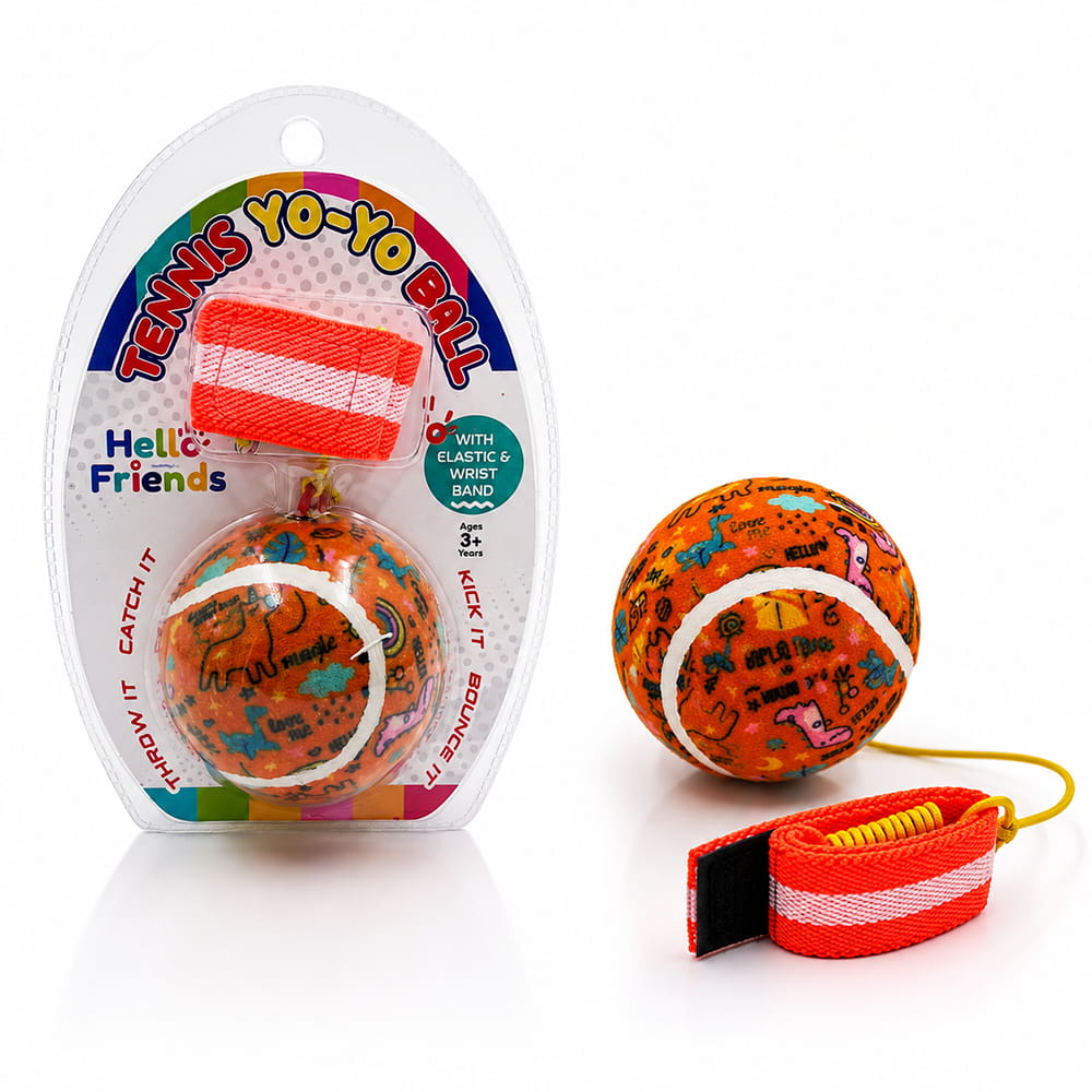 Hello Friends Rebound Ball Return Ball Yo-Yo features a 2.5-inch tennis-style ball attached to a string and strap for catching, bouncing, and throwing practice. The connected design allows repeated return play and makes it a fun choice for kids, active play, and outdoor recreation.