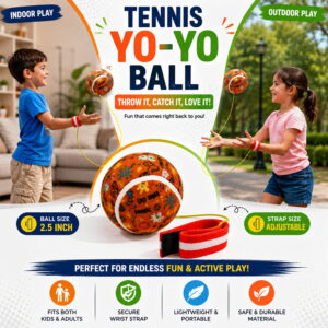 Hello Friends Rebound Ball Return Ball Yo-Yo features a 2.5-inch tennis-style ball attached to a string and strap for catching, bouncing, and throwing practice. The connected design allows repeated return play and makes it a fun choice for kids, active play, and outdoor recreation.