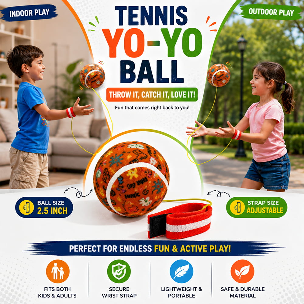 Hello Friends Rebound Ball Return Ball Yo-Yo features a 2.5-inch tennis-style ball attached to a string and strap for catching, bouncing, and throwing practice. The connected design allows repeated return play and makes it a fun choice for kids, active play, and outdoor recreation.