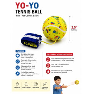Hello Friends Rebound Ball Return Ball Yo-Yo features a 2.5-inch tennis-style ball attached to a string and strap for catching, bouncing, and throwing practice. The connected design allows repeated return play and makes it a fun choice for kids, active play, and outdoor recreation.