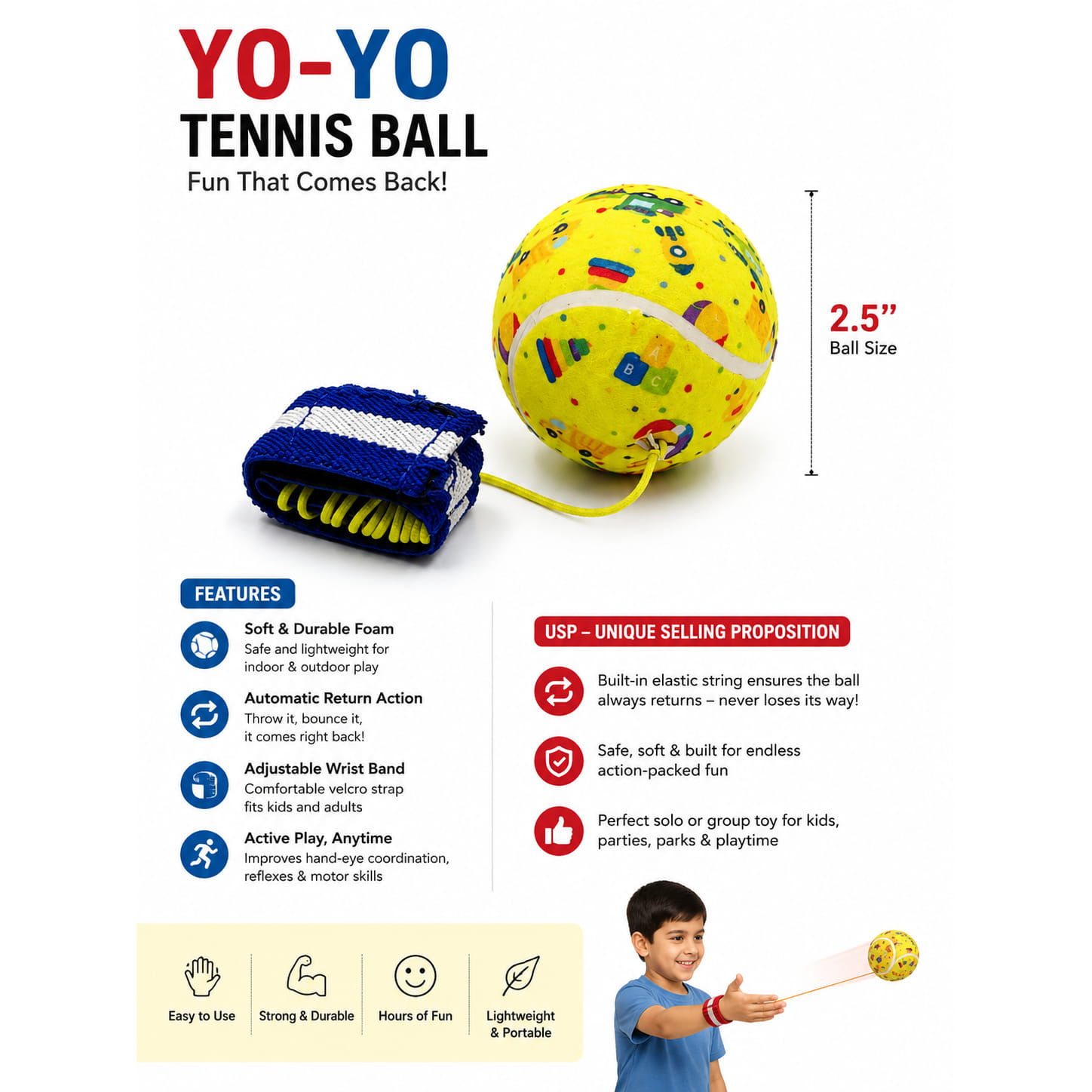 Hello Friends Rebound Ball Return Ball Yo-Yo features a 2.5-inch tennis-style ball attached to a string and strap for catching, bouncing, and throwing practice. The connected design allows repeated return play and makes it a fun choice for kids, active play, and outdoor recreation.
