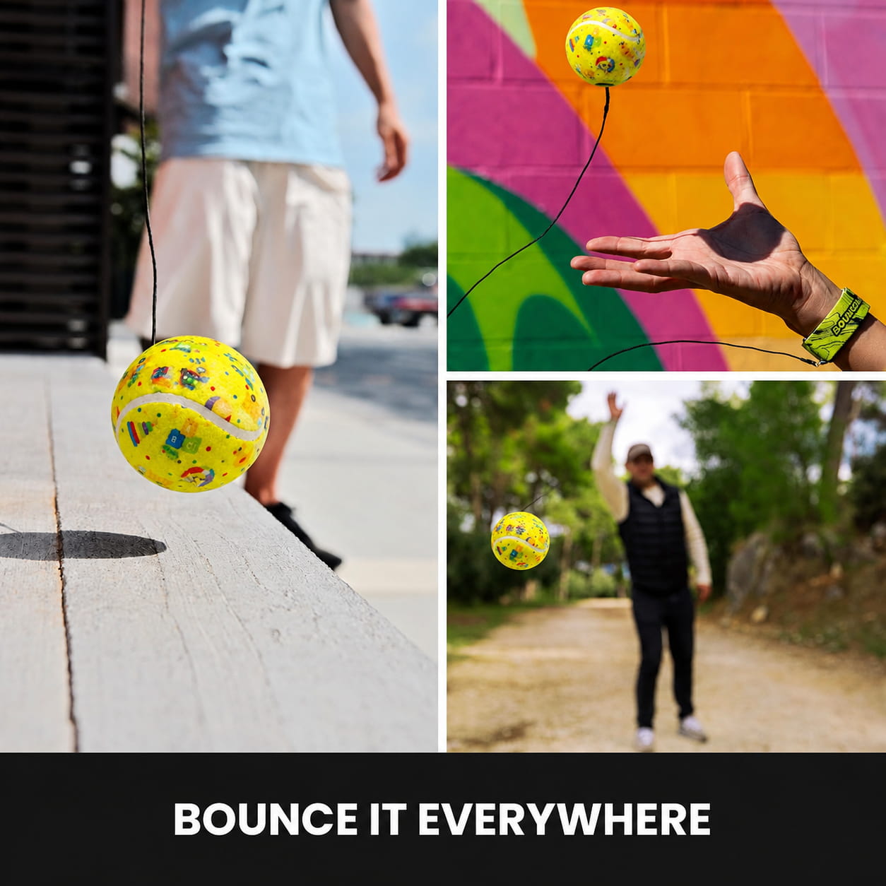 Hello Friends Rebound Ball Return Ball Yo-Yo features a 2.5-inch tennis-style ball attached to a string and strap for catching, bouncing, and throwing practice. The connected design allows repeated return play and makes it a fun choice for kids, active play, and outdoor recreation.