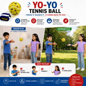 Hello Friends Rebound Ball Return Ball Yo-Yo features a 2.5-inch tennis-style ball attached to a string and strap for catching, bouncing, and throwing practice. The connected design allows repeated return play and makes it a fun choice for kids, active play, and outdoor recreation.