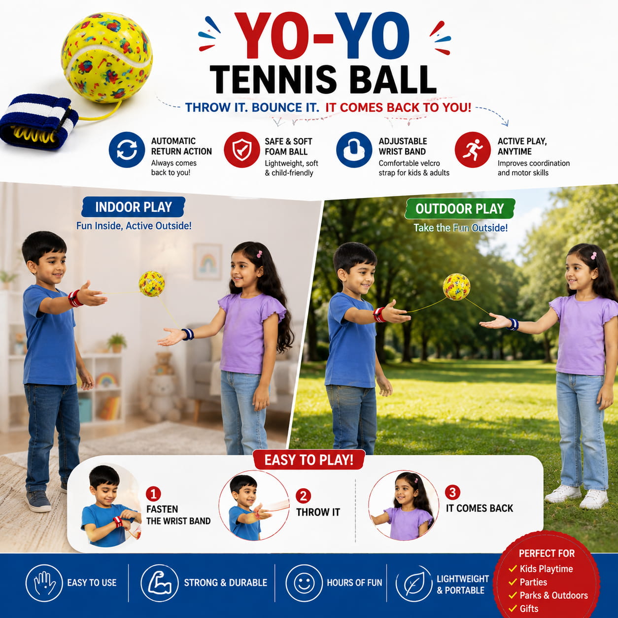Hello Friends Rebound Ball Return Ball Yo-Yo features a 2.5-inch tennis-style ball attached to a string and strap for catching, bouncing, and throwing practice. The connected design allows repeated return play and makes it a fun choice for kids, active play, and outdoor recreation.