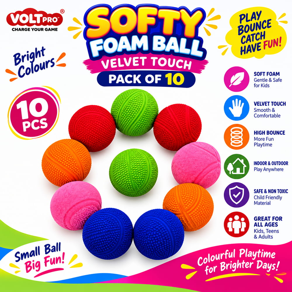 Enjoy soft and bouncy play with Hello Friends Softy Foam Balls. These 2-inch foam balls feature a smooth velvet touch, soft and spongy feel, high bounce and bright neon colours. Includes 10 balls.