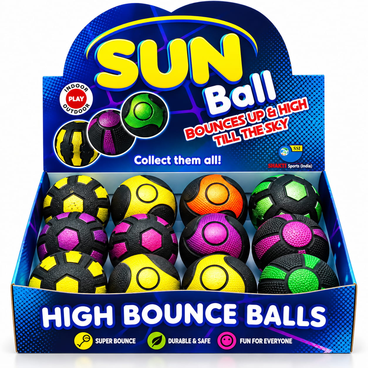 Add more fun to playtime with Hello Friends Sun Balls. These 2.5-inch designer rubber hollow balls are made for high-bouncing play and come in a convenient 12-piece box pack, ideal for active recreational activities.