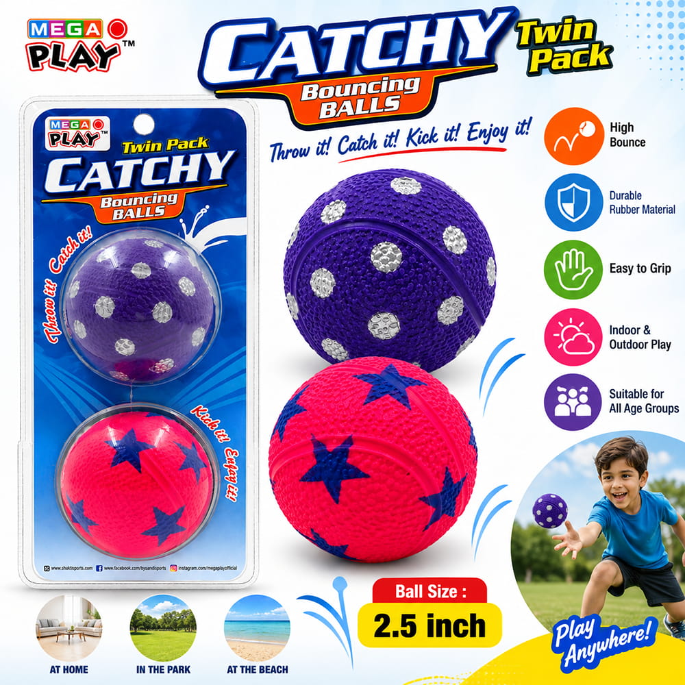 Hello Friends Twin Pack Catchy Bouncing Balls features two 2.5-inch designer balls made for fun bouncing and active play. The attractive design and easy-to-handle size make them suitable for kids, family games, parties, gifting, and everyday recreational activities.