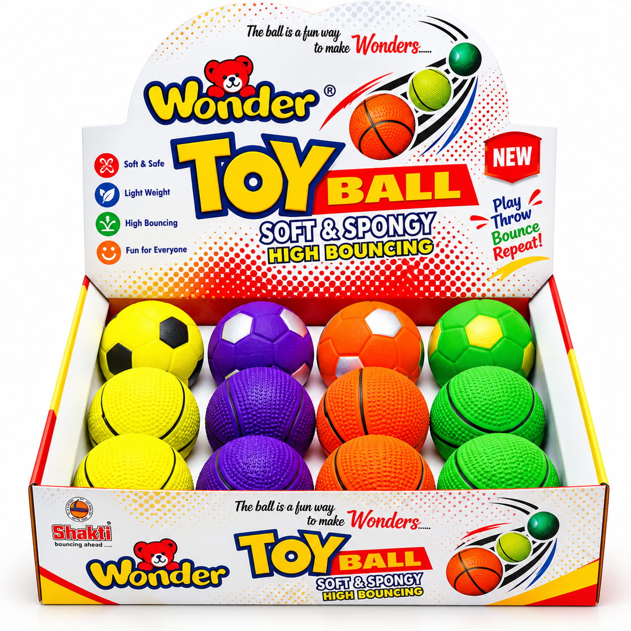 Make playtime more fun with Hello Friends Wonder Toy Balls. These 2.5-inch soft and spongy bouncing balls come in football and basketball designs, packed as 12 pieces in a convenient PDQ box.