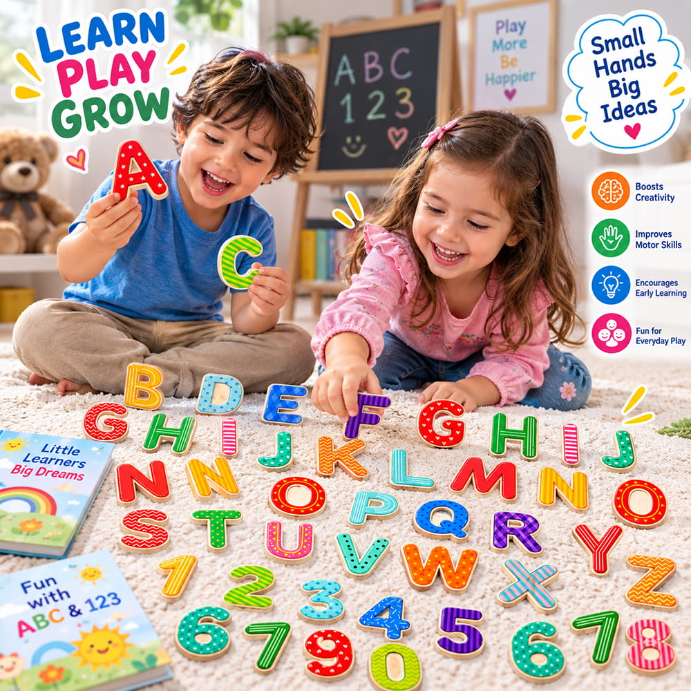 Play Eva ABC & 123 Learning Puzzle is an educational interlocking puzzle with 36 pieces featuring 26 alphabets and 10 numbers. With 8 mm thick pieces, it offers a fun and hands-on way for children to learn letters and numbers through screen-free play.