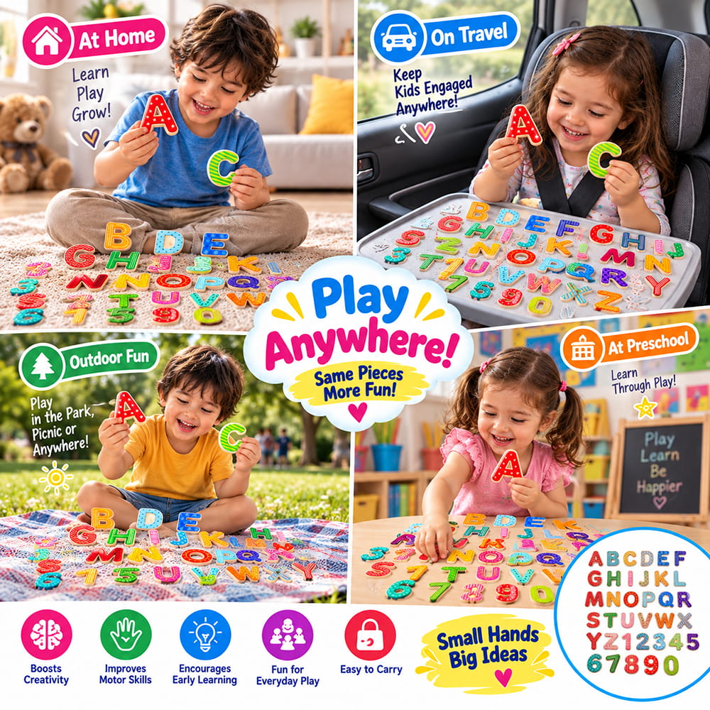 Play Eva ABC & 123 Learning Puzzle is an educational interlocking puzzle with 36 pieces featuring 26 alphabets and 10 numbers. With 8 mm thick pieces, it offers a fun and hands-on way for children to learn letters and numbers through screen-free play.