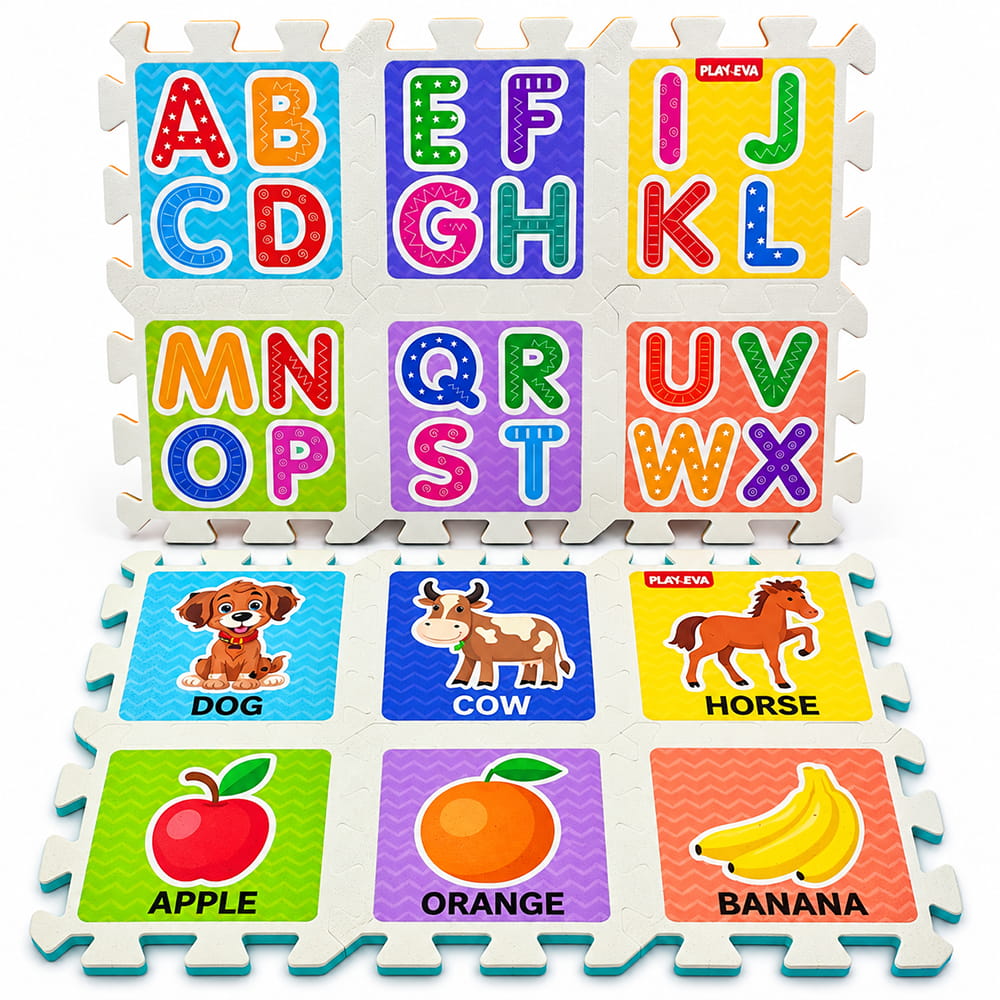 Play Eva Alphabet & Numbers Puzzle is an educational EVA foam activity set designed for children aged 3 years and above. With 46 pieces and 24 tiles, each measuring 4 x 4 inches and 8mm thick, it features easy-to-handle cut-outs for fun and interactive learning.