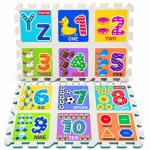 Play Eva Alphabet & Numbers Puzzle is an educational EVA foam activity set designed for children aged 3 years and above. With 46 pieces and 24 tiles, each measuring 4 x 4 inches and 8mm thick, it features easy-to-handle cut-outs for fun and interactive learning.