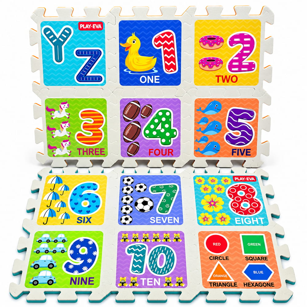Play Eva Alphabet & Numbers Puzzle is an educational EVA foam activity set designed for children aged 3 years and above. With 46 pieces and 24 tiles, each measuring 4 x 4 inches and 8mm thick, it features easy-to-handle cut-outs for fun and interactive learning.