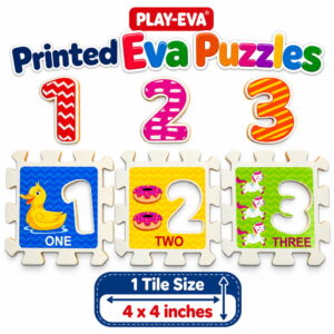 Play Eva Alphabet & Numbers Puzzle is an educational EVA foam activity set designed for children aged 3 years and above. With 46 pieces and 24 tiles, each measuring 4 x 4 inches and 8mm thick, it features easy-to-handle cut-outs for fun and interactive learning.