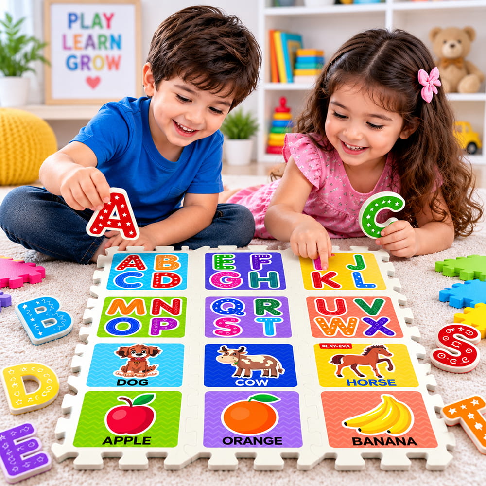 Play Eva Alphabet & Numbers Puzzle is an educational EVA foam activity set designed for children aged 3 years and above. With 46 pieces and 24 tiles, each measuring 4 x 4 inches and 8mm thick, it features easy-to-handle cut-outs for fun and interactive learning.