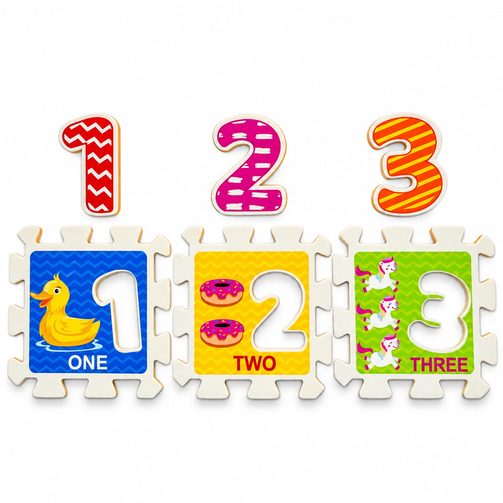 Play Eva Alphabet & Numbers Puzzle is an educational EVA foam activity set designed for children aged 3 years and above. With 46 pieces and 24 tiles, each measuring 4 x 4 inches and 8mm thick, it features easy-to-handle cut-outs for fun and interactive learning.