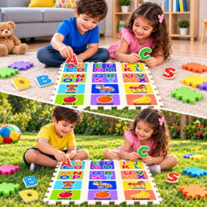 Play Eva Alphabet & Numbers Puzzle is an educational EVA foam activity set designed for children aged 3 years and above. With 46 pieces and 24 tiles, each measuring 4 x 4 inches and 8mm thick, it features easy-to-handle cut-outs for fun and interactive learning.