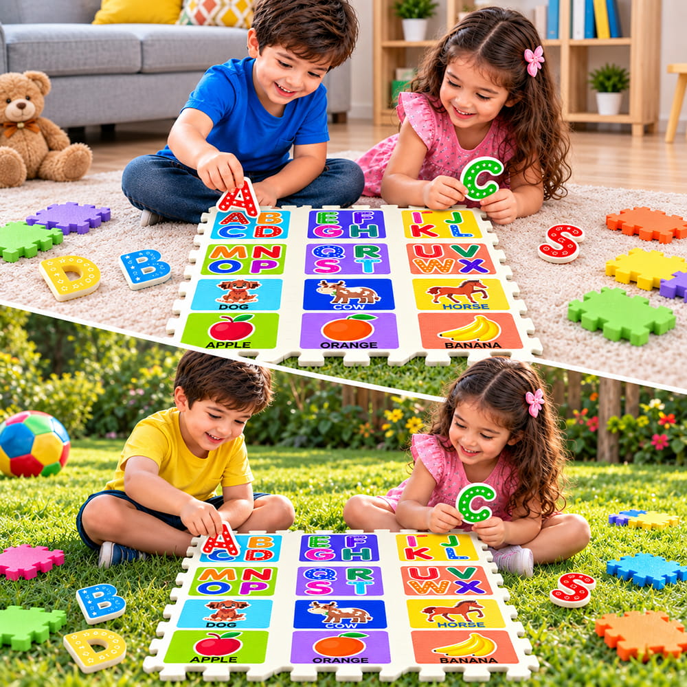 Play Eva Alphabet & Numbers Puzzle is an educational EVA foam activity set designed for children aged 3 years and above. With 46 pieces and 24 tiles, each measuring 4 x 4 inches and 8mm thick, it features easy-to-handle cut-outs for fun and interactive learning.