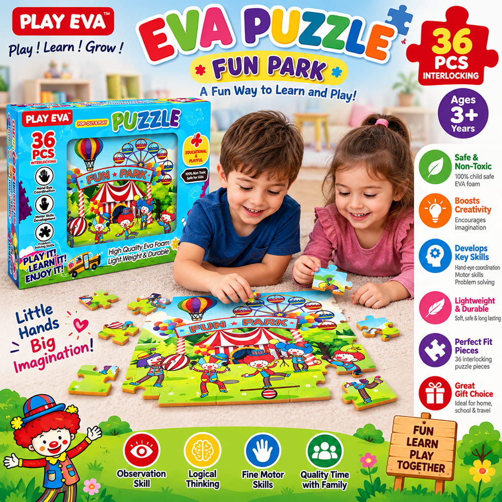 Educational and fun UV Printed Interlocking Puzzle designed for screen-free play. Made with non-toxic and child-safe materials, it includes 36 pieces and measures 12 x 12 inches. A fun activity for children to enjoy while developing concentration and problem-solving skills.