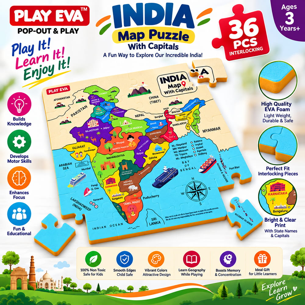 Educational and fun UV Printed Interlocking Puzzle designed for screen-free play. Made with non-toxic and child-safe materials, it includes 36 pieces and measures 12 x 12 inches. A fun activity for children to enjoy while developing concentration and problem-solving skills.