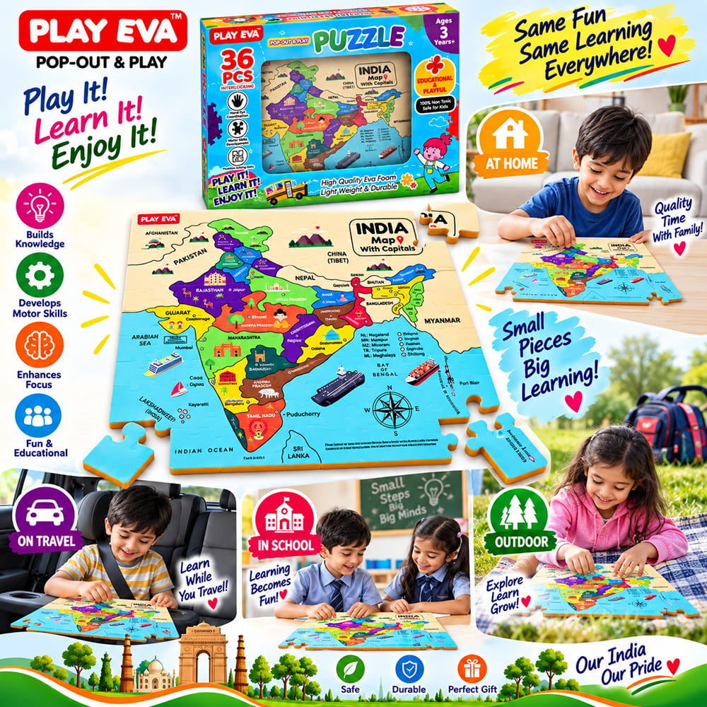 Educational and fun UV Printed Interlocking Puzzle designed for screen-free play. Made with non-toxic and child-safe materials, it includes 36 pieces and measures 12 x 12 inches. A fun activity for children to enjoy while developing concentration and problem-solving skills.